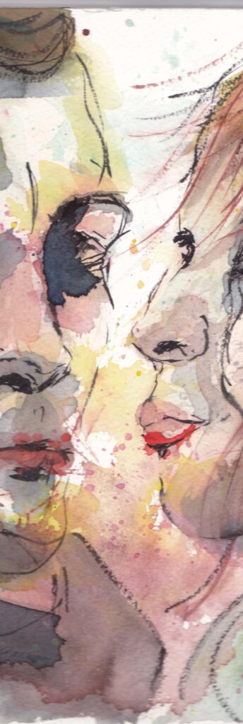 You can see part of a portrait. It shows Ljoha from compartment no. 6. The right side of the head has a lot of shadow. There are many different colours. It looks a bit like a 50s advertisement, with hairdryer waves and a mischievous smile. It is mostly done with watercolours and black ink. You can also see a smaller part of a portrait of Laura from the same film. It is the same drawing style, but only her mouth, chin and nose are visible. 