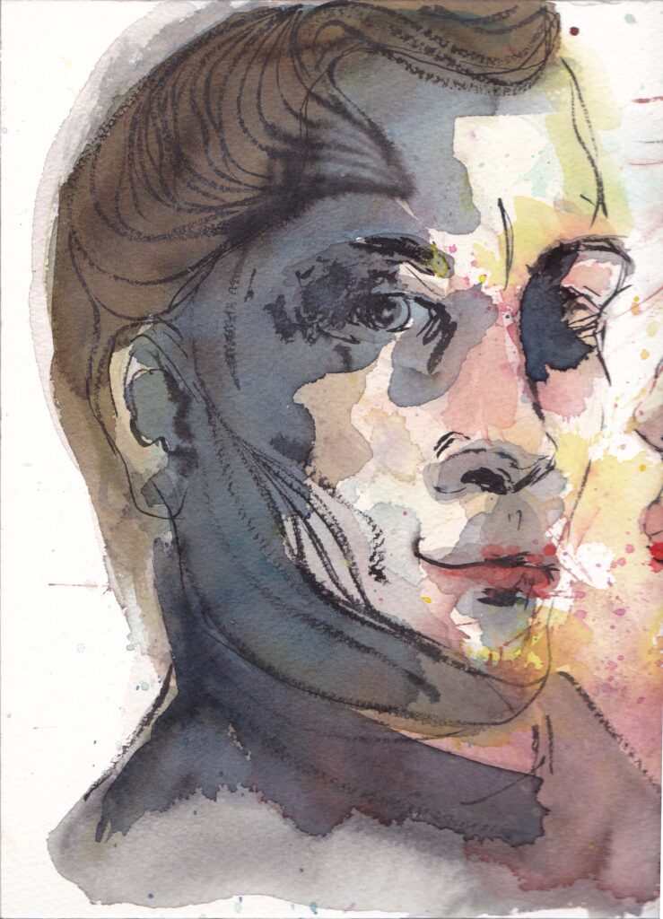You can see a portrait. It shows Ljoha from compartment no. 6. The right side of the head has a lot of shadow. There are many different colours. It looks a bit like a 50s advertisement, with a wave of hairdryer and a mischievous smile. It is mostly done with watercolours and black ink.