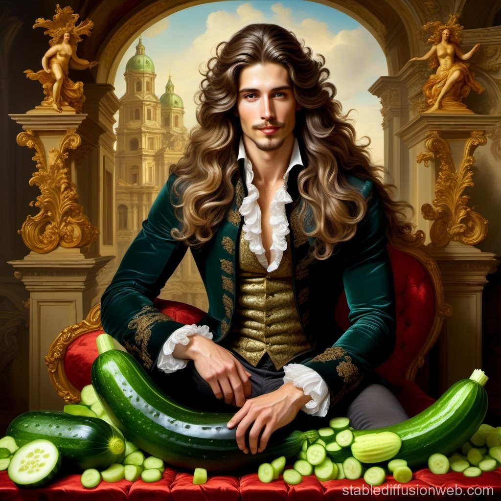 dudes sits behind many pickled cucumbers and he is looking very .. dont know