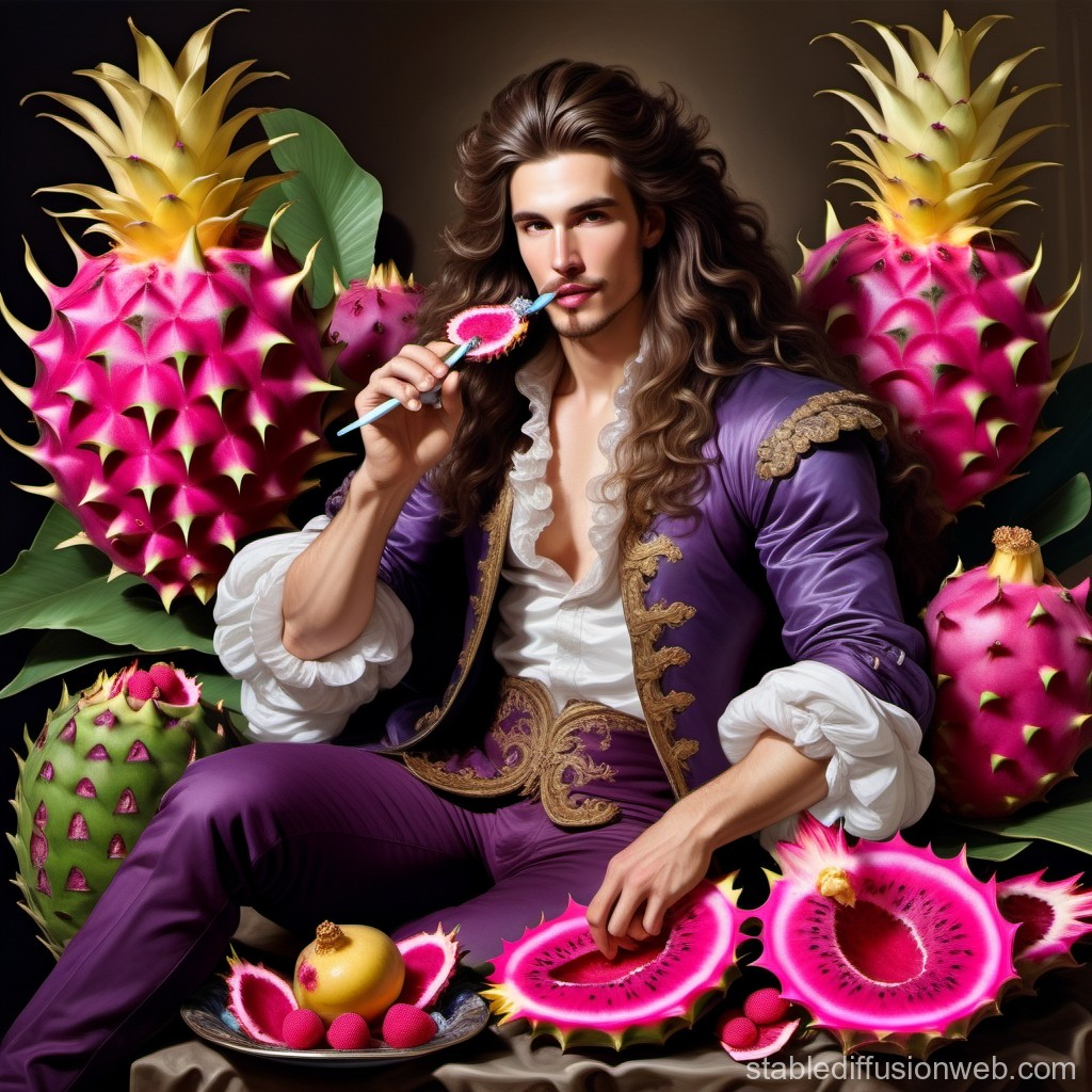 dude in purple clothes holds a dragonfruittoothbrush in his right hand. he sits in the middle of many dragonfruits
