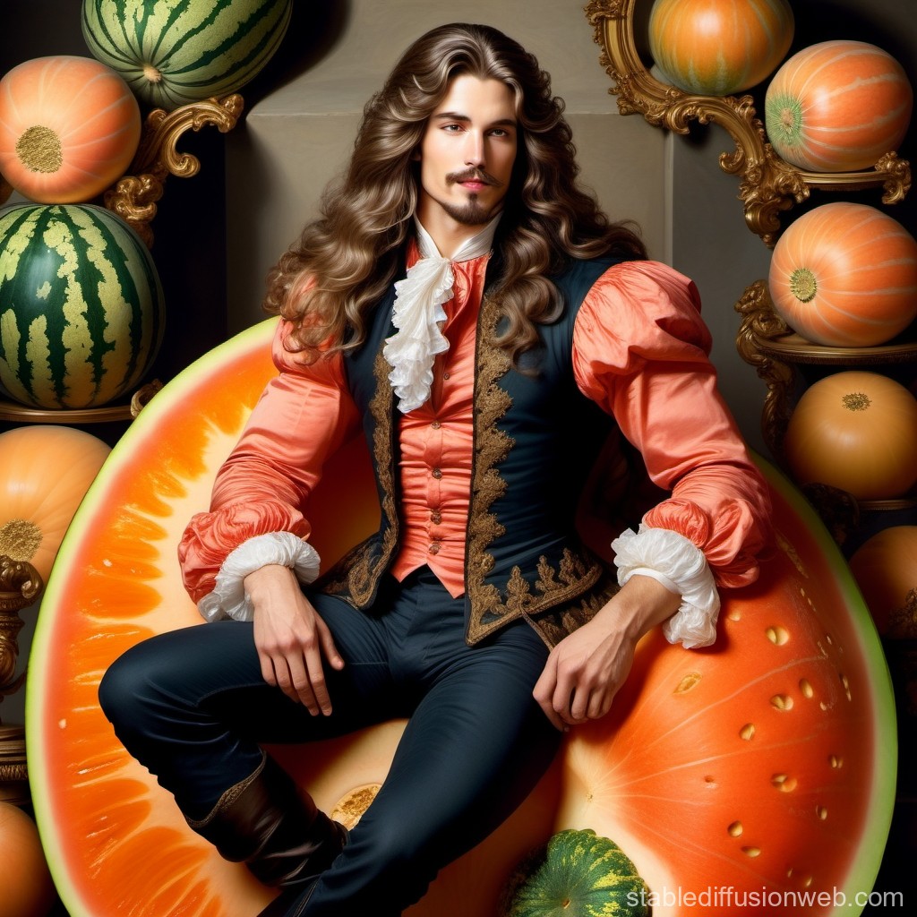 fully clothed dude sits "in" a melon and look dreamy