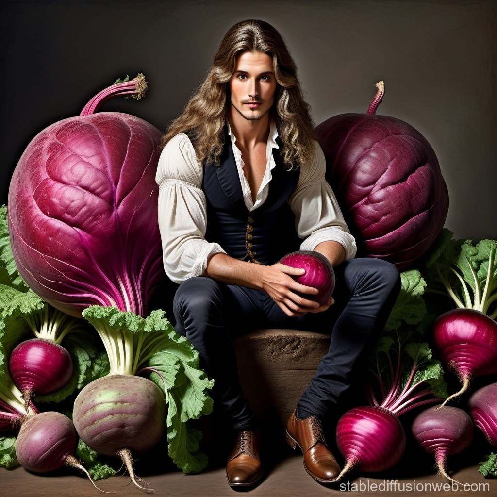 dudes sits between giant beetroots and look directly to the camera