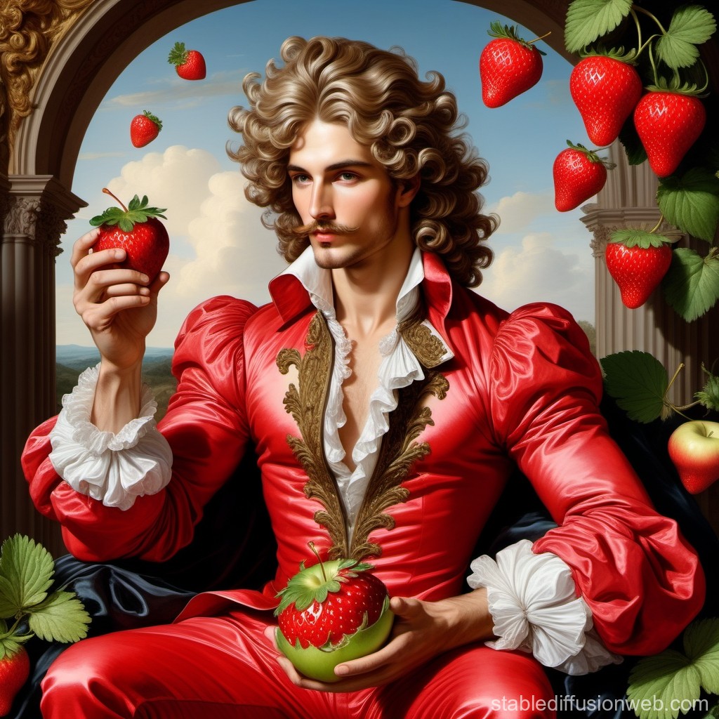 dude in red clothes holds a strawberry - he has 6 fingers on the right hand..