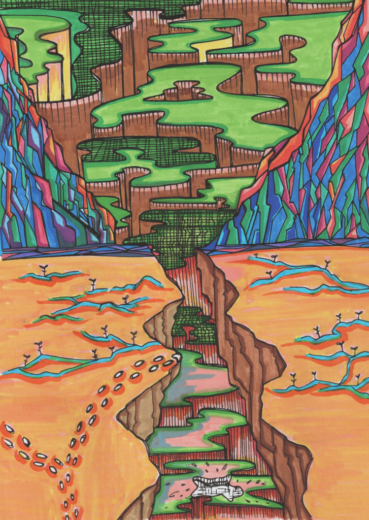 The landscape is supposed to represent the mountains on a distant planet. There are mountains with angular small composite parts on the right and left. the rocks can be seen half from above, they are depicted with wavy edge shapes. in the lower half of the picture, an ‘earth gap’ runs through the picture in which wavy rock edges can be seen again. The lower right and left halves of the picture could be interpreted as a desert with little vegetation.