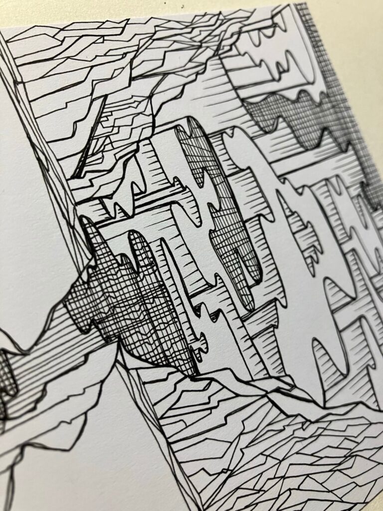 snippet of a b/w lineart/fineart with curved lines reminiscent of rocks floating in the air and hints of mountains to the right and left
